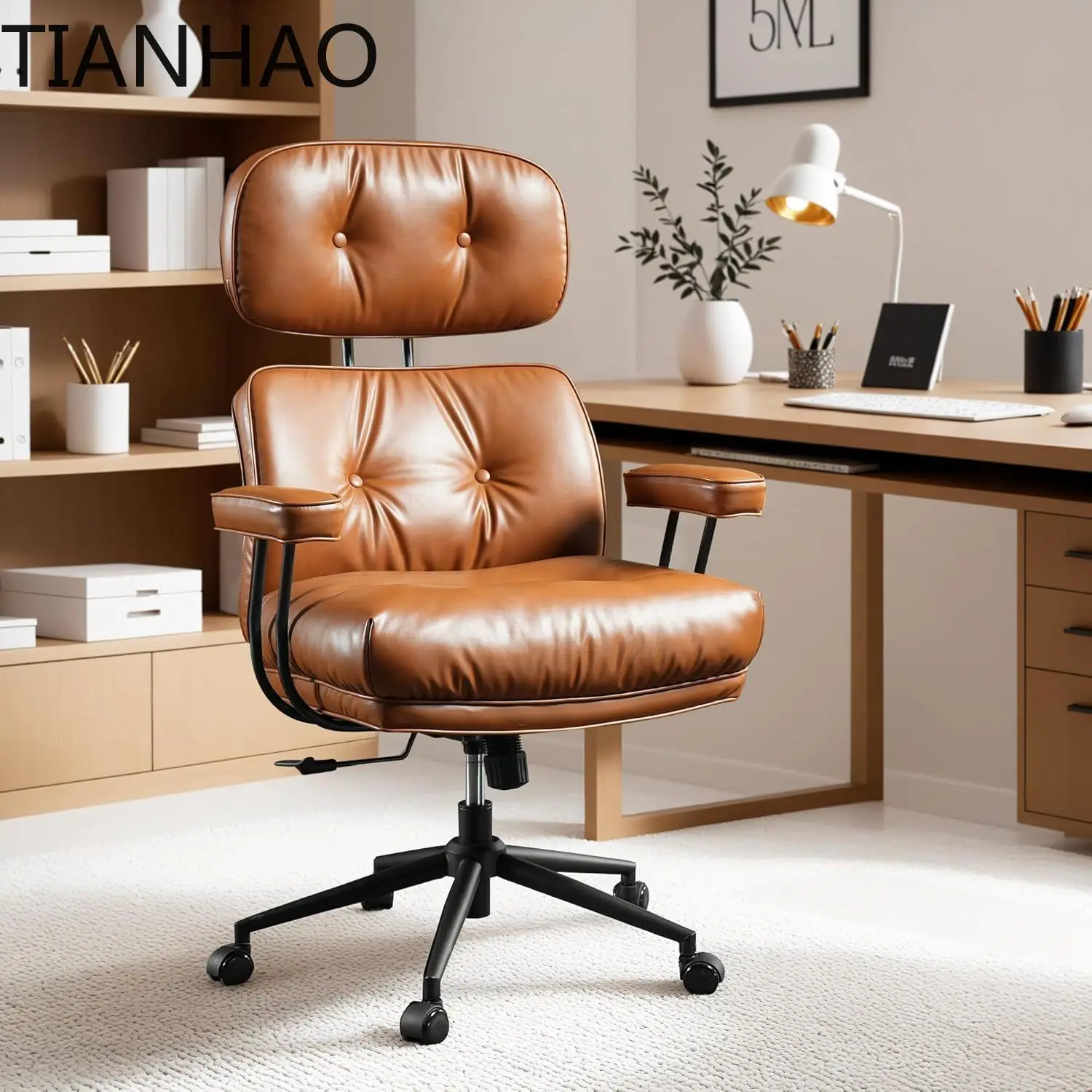 Ergonomic Home Office Chair, Mid-Century Modern Leather Chair with Lumbar Support, High Back Swivel Rolling Executive Chair