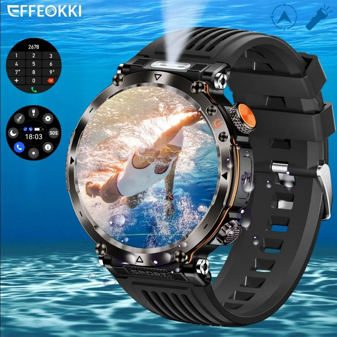 

EFFEOKKI Men's Outdoor Watch Fitness Tracker LED Flashlight IP68 Waterproof 600mAh Battery Compass Altitude Monitor 1.7" Screen