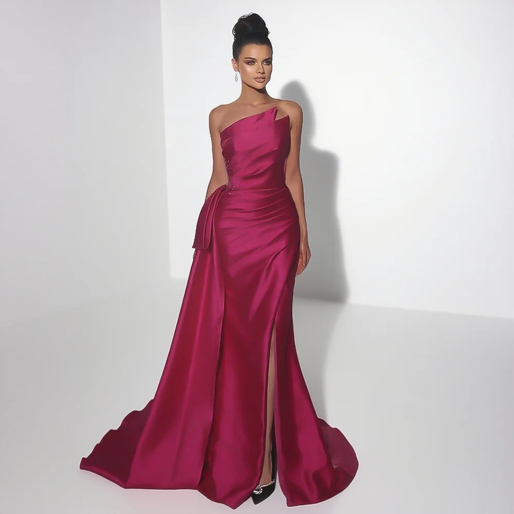 

Long Satin Side Slit Evening Party Dress Beaded Elegant Strapless Woman Wedding Guest Dress Prom Gown 2026 Customized