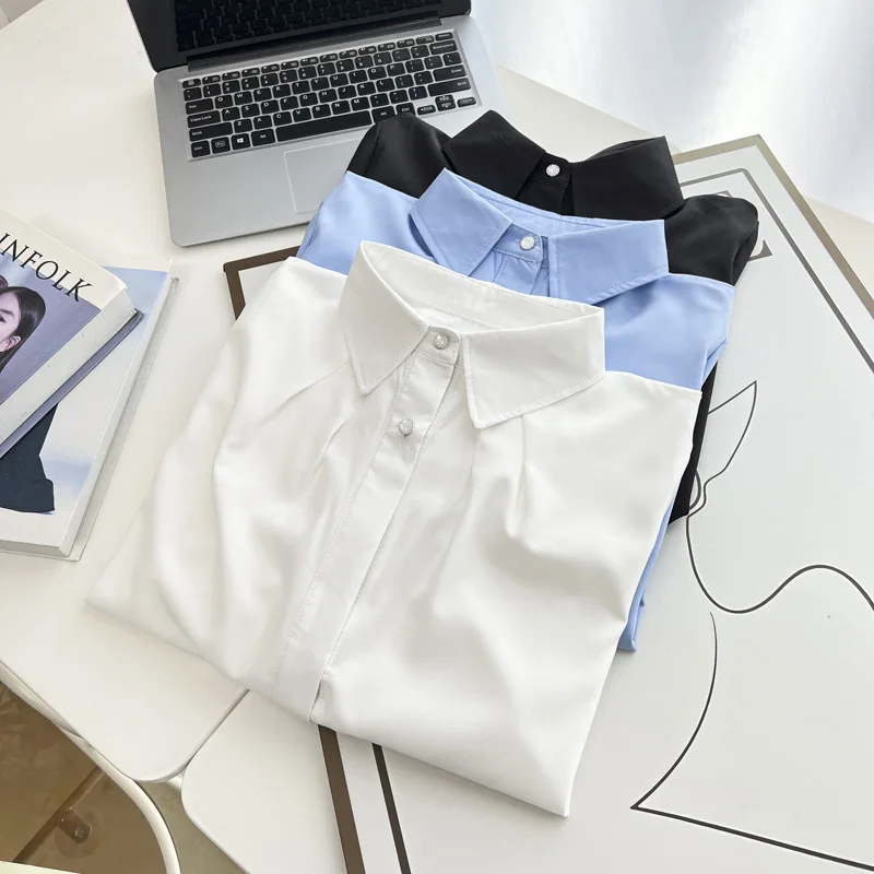 Camicette taglie forti primavera 2025 Nuova camicia a maniche lunghe antirughe semplice da 100 kg Top casual da donna 6607