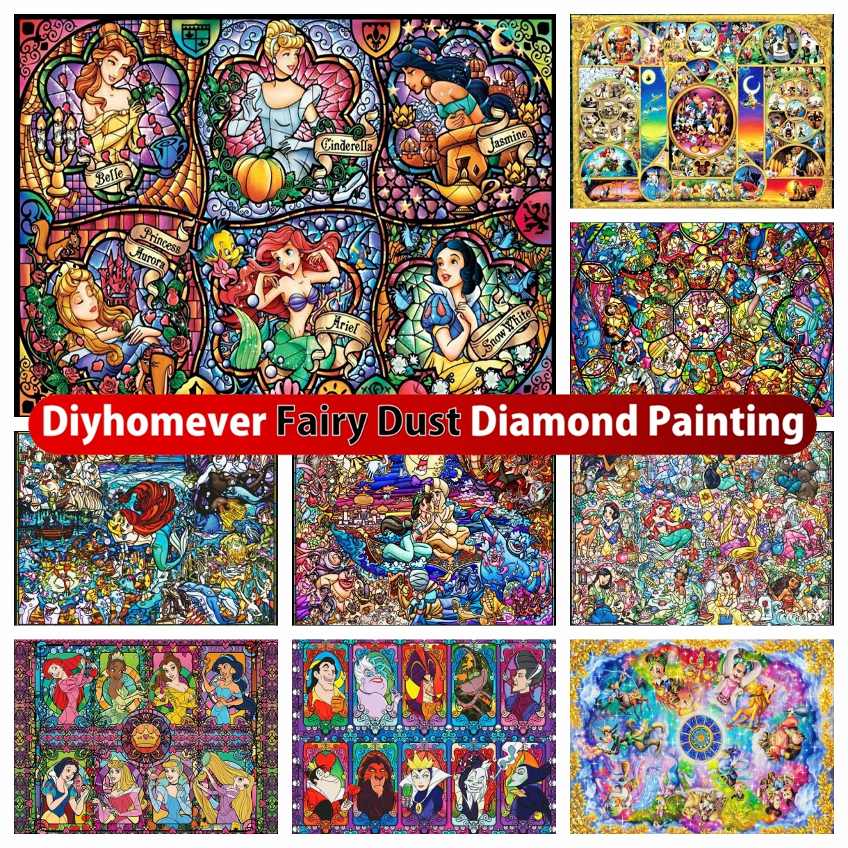 

Stained Glass Disney Fairy Dust Diamond Painting Mosaic Cartoon Princess Embroidery Cross Stitch Home Decor Children's Gifts