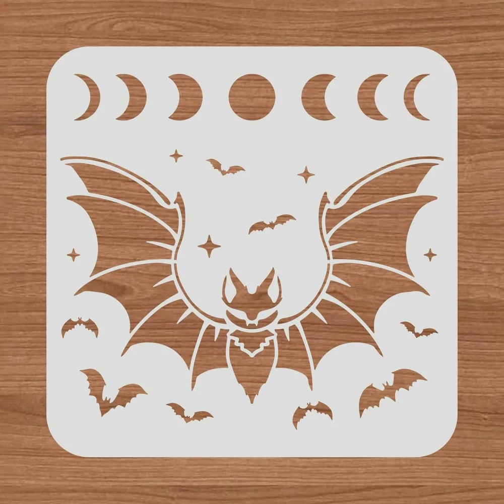 12x12inch Bat Plastic Cutouts Painting Template Moon Phase Pattern Halloween Decoration Stencils for Art Spraying DIY