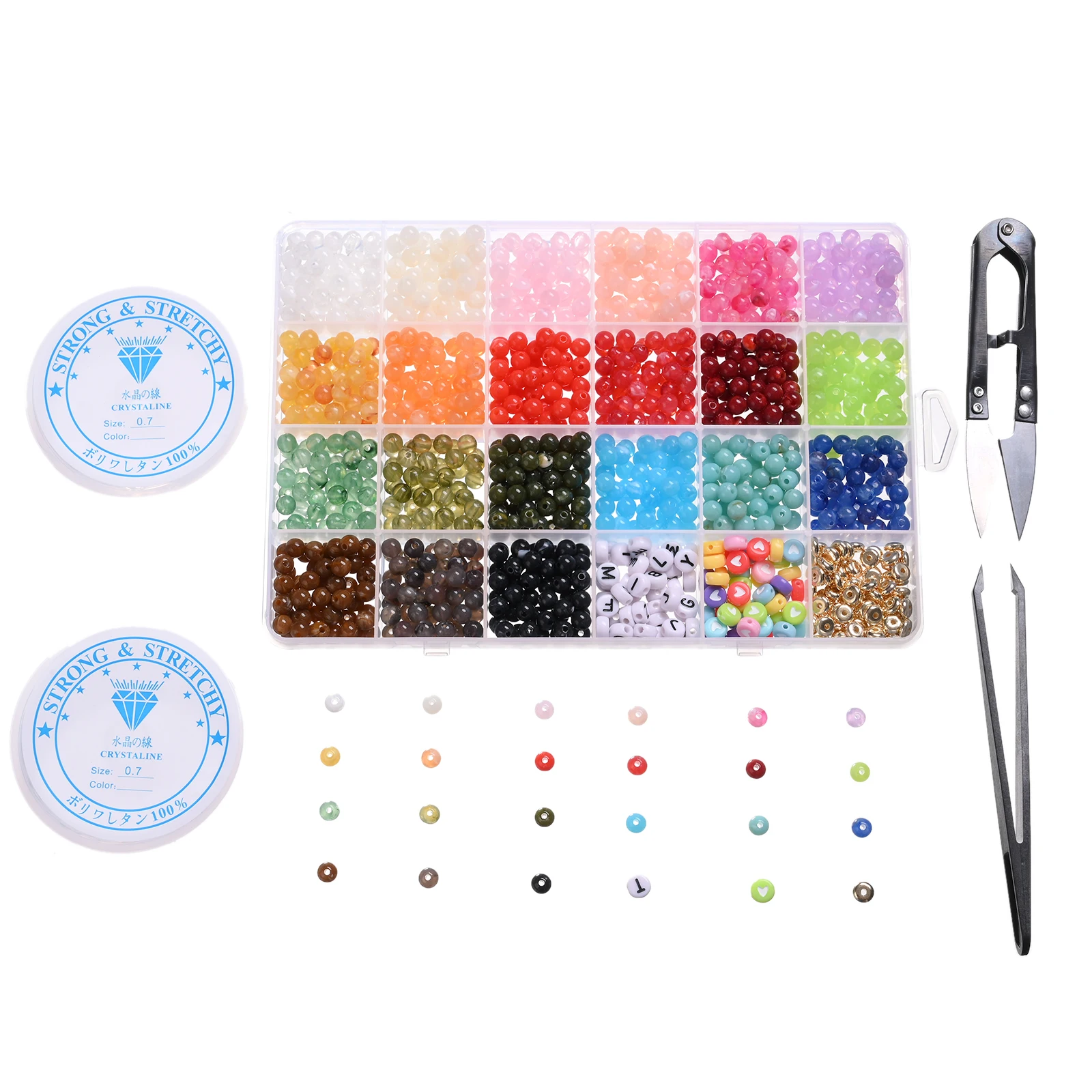 1530pcs/Box 6mm Acrylic Beads Mix Letter Heart Spacer Beads With Elastic String Scissors Tweezers For Jewelry Making Accessories