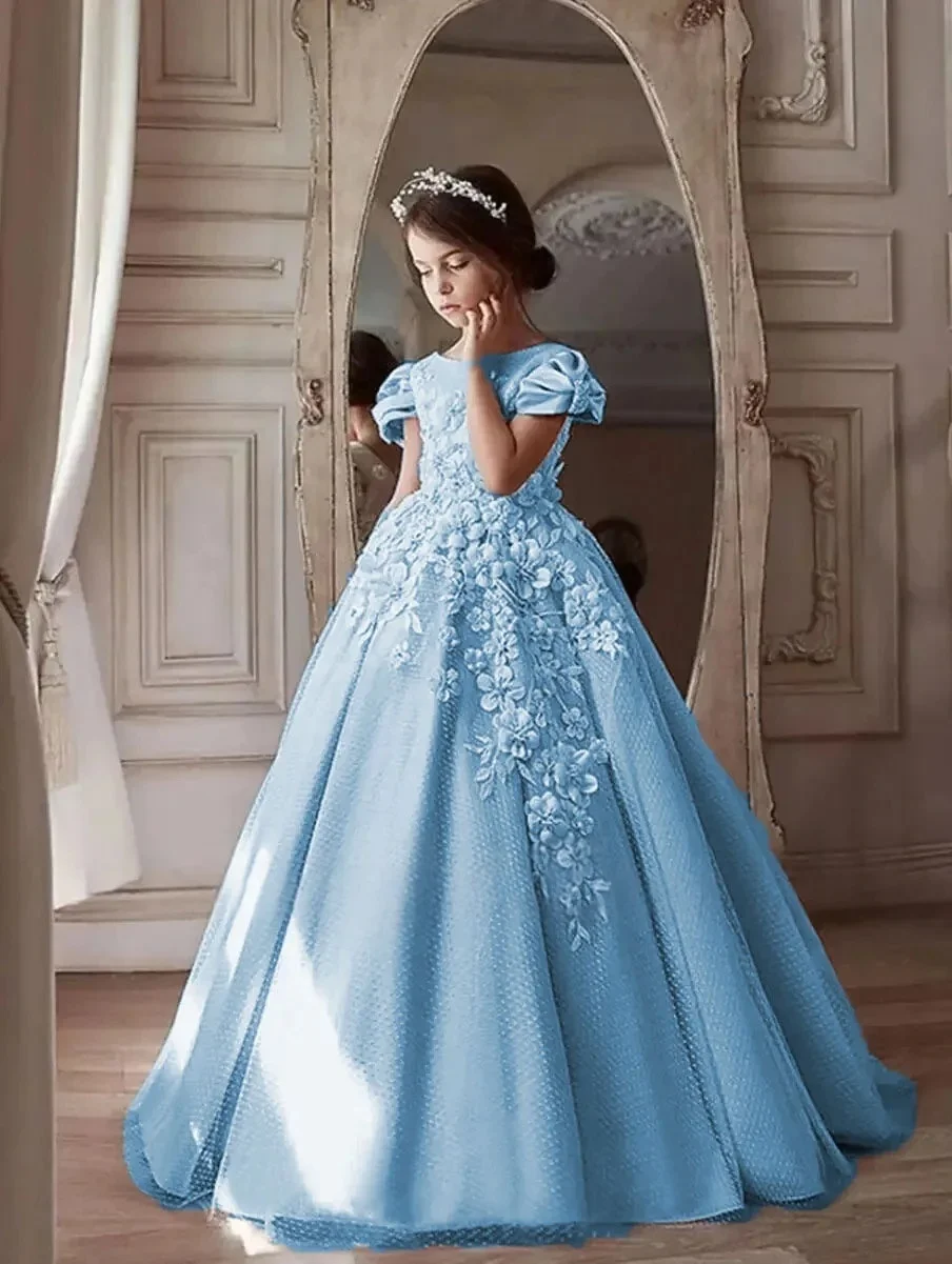 3D Floral Lace Flower Girl Dress Wedding Dress First Christmas Party Gown with Puff Sleeves Ball Gown Kids Formal Occasion Dress