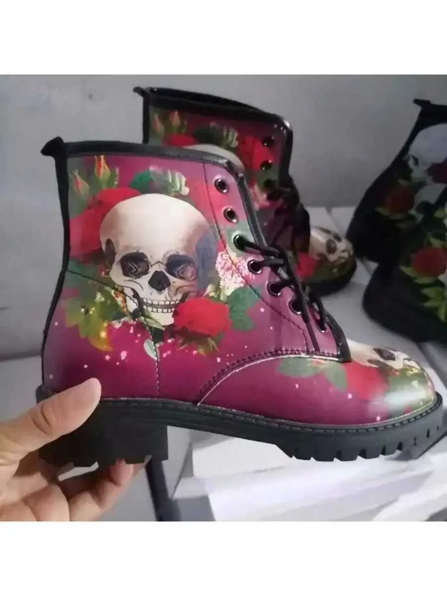 Womens Skull And Rose Print Lace-Up PU Boots Mid-Calf Fashion Punk Style