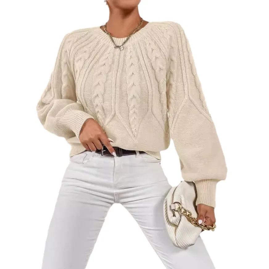 Herfst-wintersweater 2025, elegante damessweater met effen textuur, lange lantaarnmouwen en ronde hals, basics