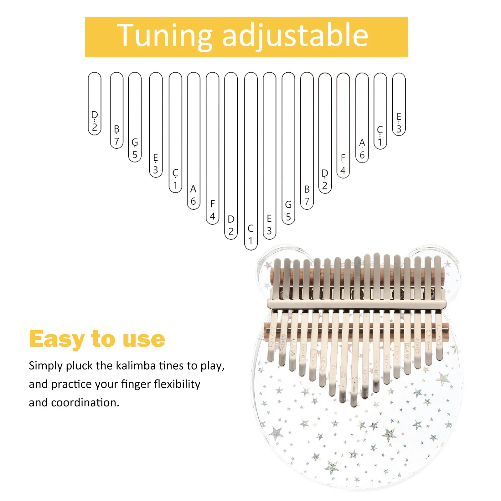 1Set Kalimba Thumb Piano Mini Crystal Glass Finger Piano Musical Instrument Lightweight Portable 17 Keys for Coordination