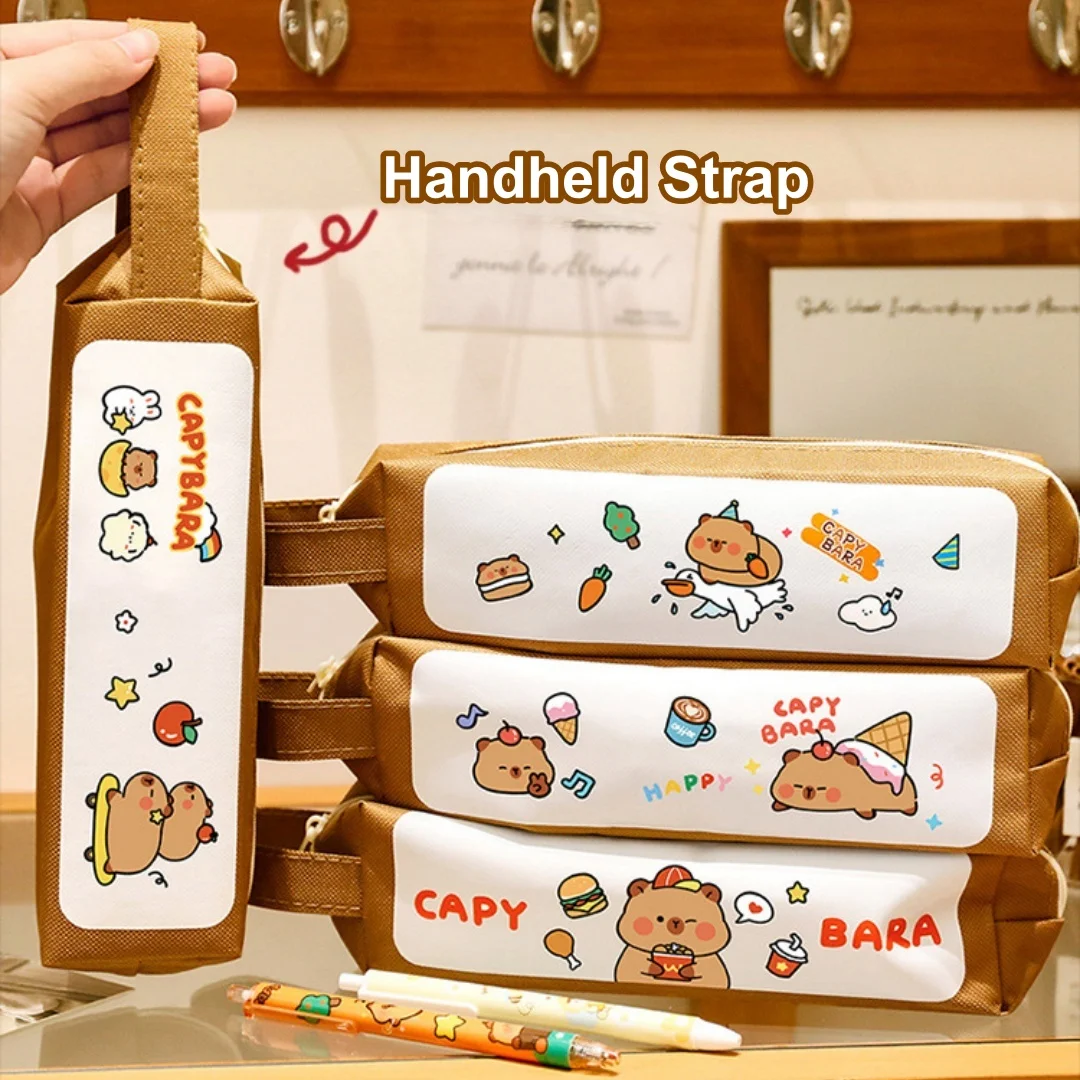 

Capibala Canvas Pencil Case with Handheld Strap Large Capacity Portable Pen Bag School Stationery Storage Pouch Office Supplies