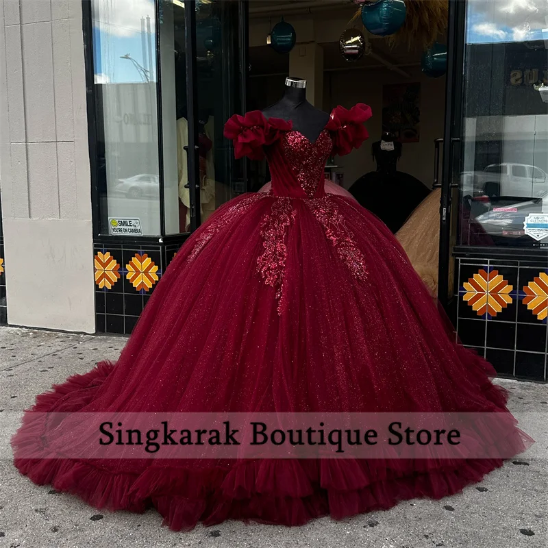 New Arrival Red Wine Quinceanera Dresses Bead Crystals Ruffle Bottom Birthday Party Dress Mexican Sweet 16th Prom Customized