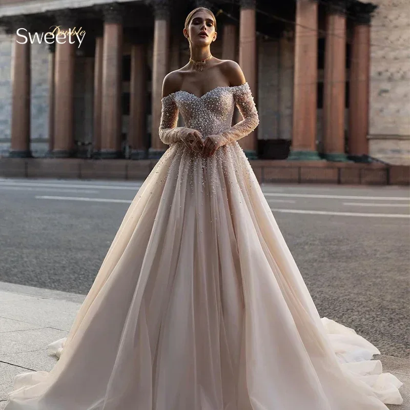 Luxurious Wedding Dress Organza With Embroidery Pearls Ball Gown Boat Neck Full Sleeve Bride Dress Button Robe De Mariee Elegant