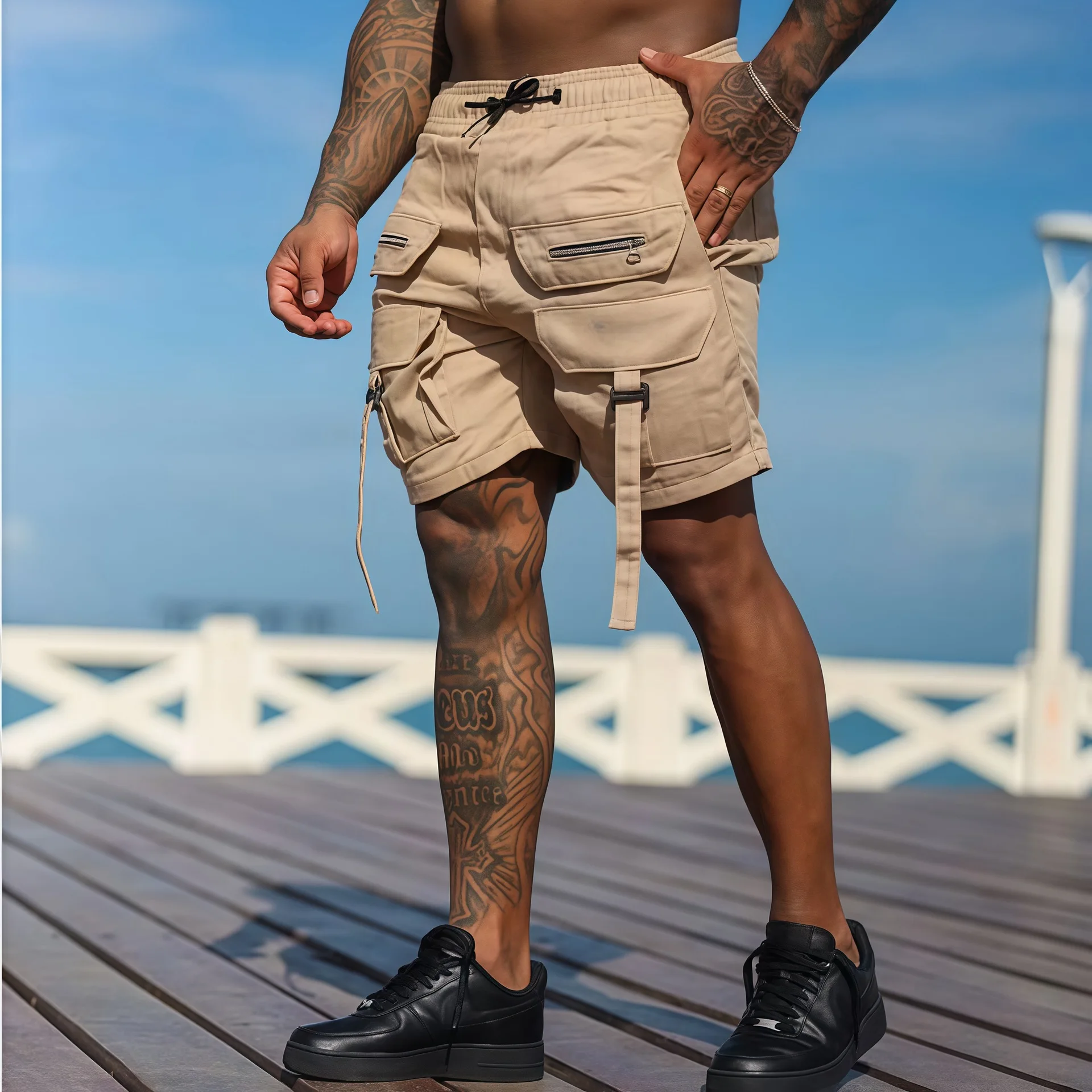 2026 Neue Herren Multi-Taschen Street Punk Hip Hop Cargo Shorts Taktische Techwear Knielange Weite Kurze Hosen – Detail 9