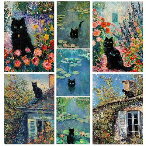Classic French Painter Claude Monet Work Abstract Cat Sleeping with Sunflower Poster Canvas Painting Wall Art Picture Home Decor