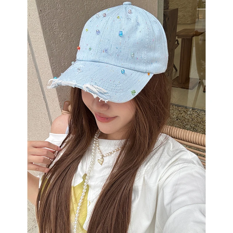 ELFSACK Women's Distressed Denim Baseball Cap with Colorful Beads, Light Blue Frayed Brim Hat for Beach, Sweet Street Accessory