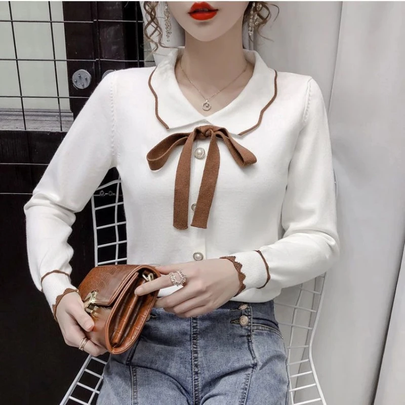 Spring Autumn Bow Patchwork Elegant Sweaters Long Sleeve All-match Youth Knitting Pullovers Top Korean Fashion Women Clothing