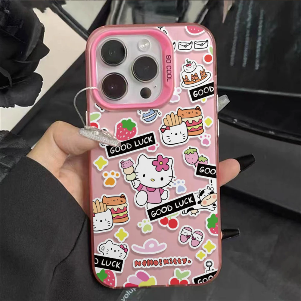 Cupcake Hello Kitty Sticker Case for iPhone 16 15 Plus 11 12 13 14 Pro Max XR Hard Plastic Anti-Scratch Cover for Women Girls