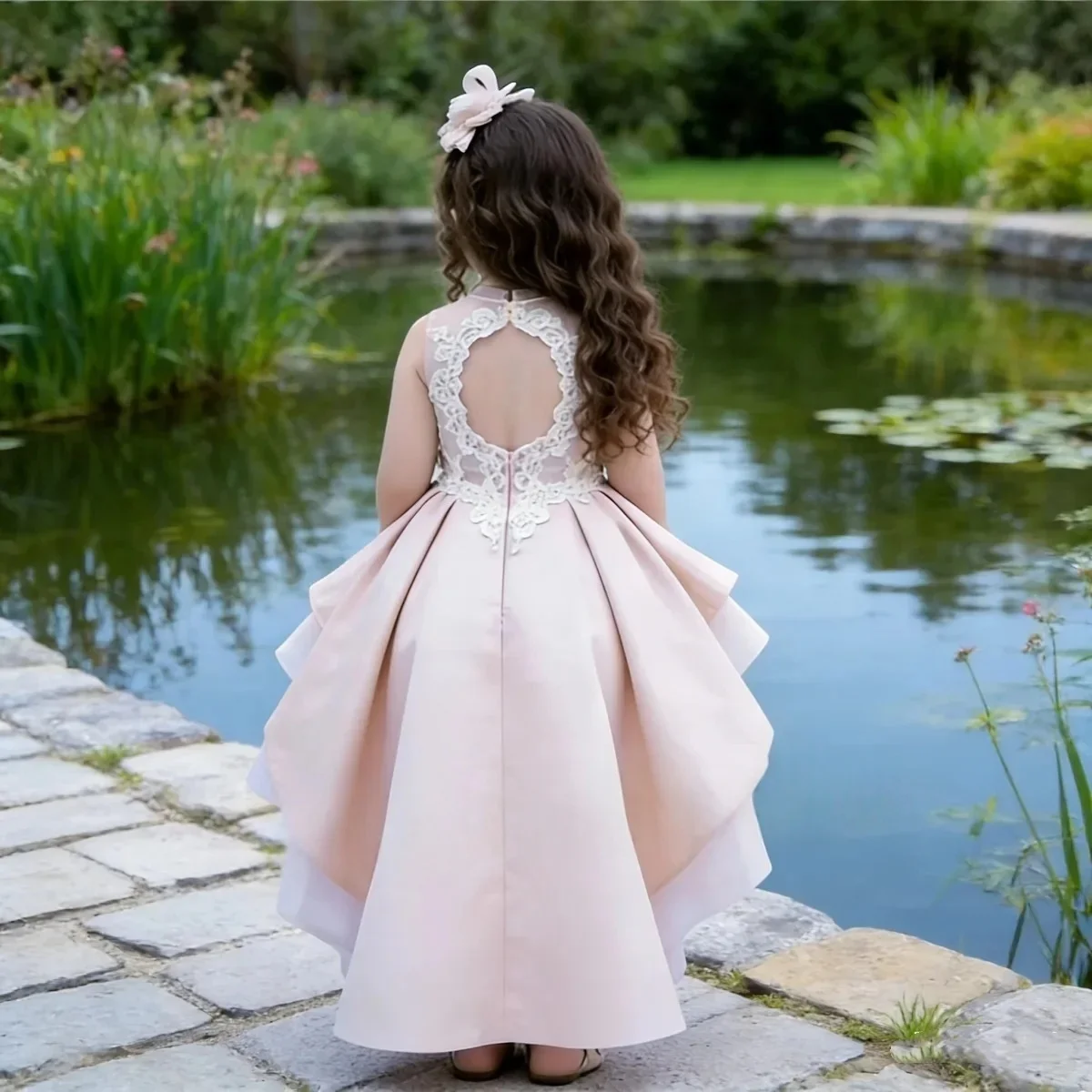 Custom Luxury Flower Girl Dress Wedding Birthday Party Pageant Catwalk Sleeveless Lace Hollow Back Pink High Low Kids Gown فساتي