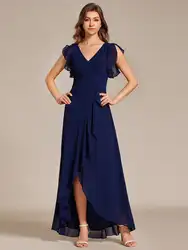 Elegant Evening Dresses Exquisite Deep V Neck Flying sleeve  2024 Ever Pretty of A-Line Chiffon Navy Blue Bridesmaid Dress