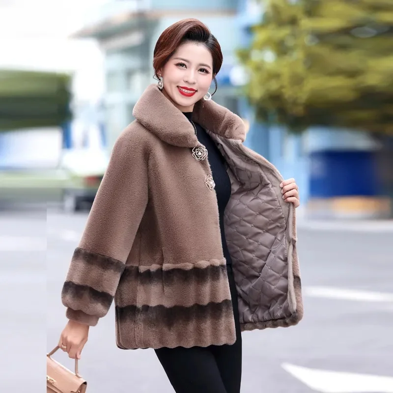 Fall/Winter Mink Velvet Coat Female Mother2023New Fashion Outwear Middle-Aged Elderly Women Overcoat Long Add Cotton Wool Jacket