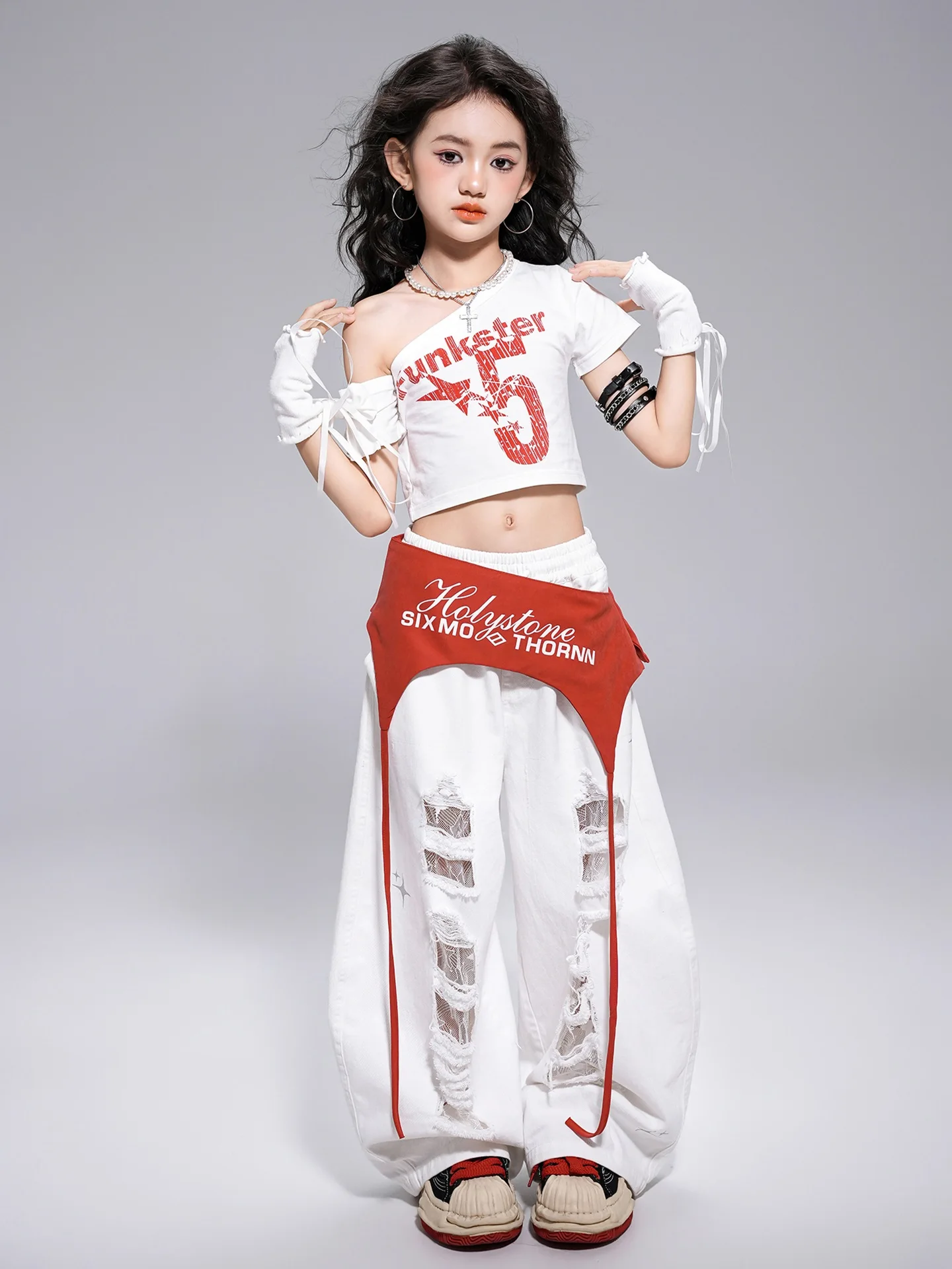 Meisjes Kpop Dans Hip Hop Jazzdans Kostuums Wit Schuine Schouder Tops Broek Pak Praktijk Street Dance Wear Kleding DQL10986