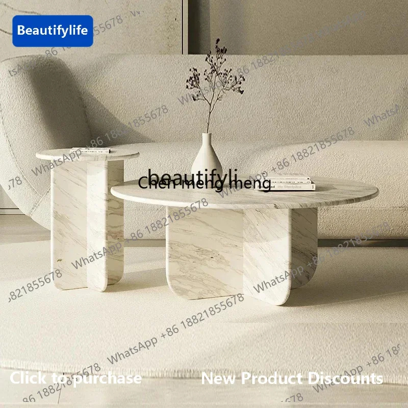 

183F Modern light luxury living room natural marble combination coffee table simple minimalist sofa balcony round edge table