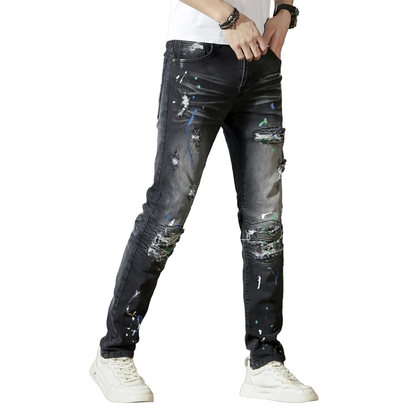 Ripped cool jeans men's black retro fashion fashion brand Slim casual stretch paint printed motorcycle trousers
