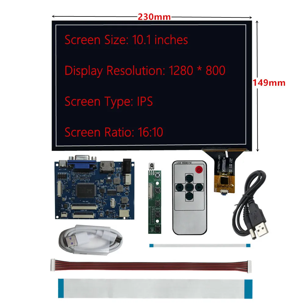 10.1 inch IPS LCD Display Screen HDMI/VGA Driver Control Board Digitizer Touchscreen Raspberry Pi Computer Secondary Monitor