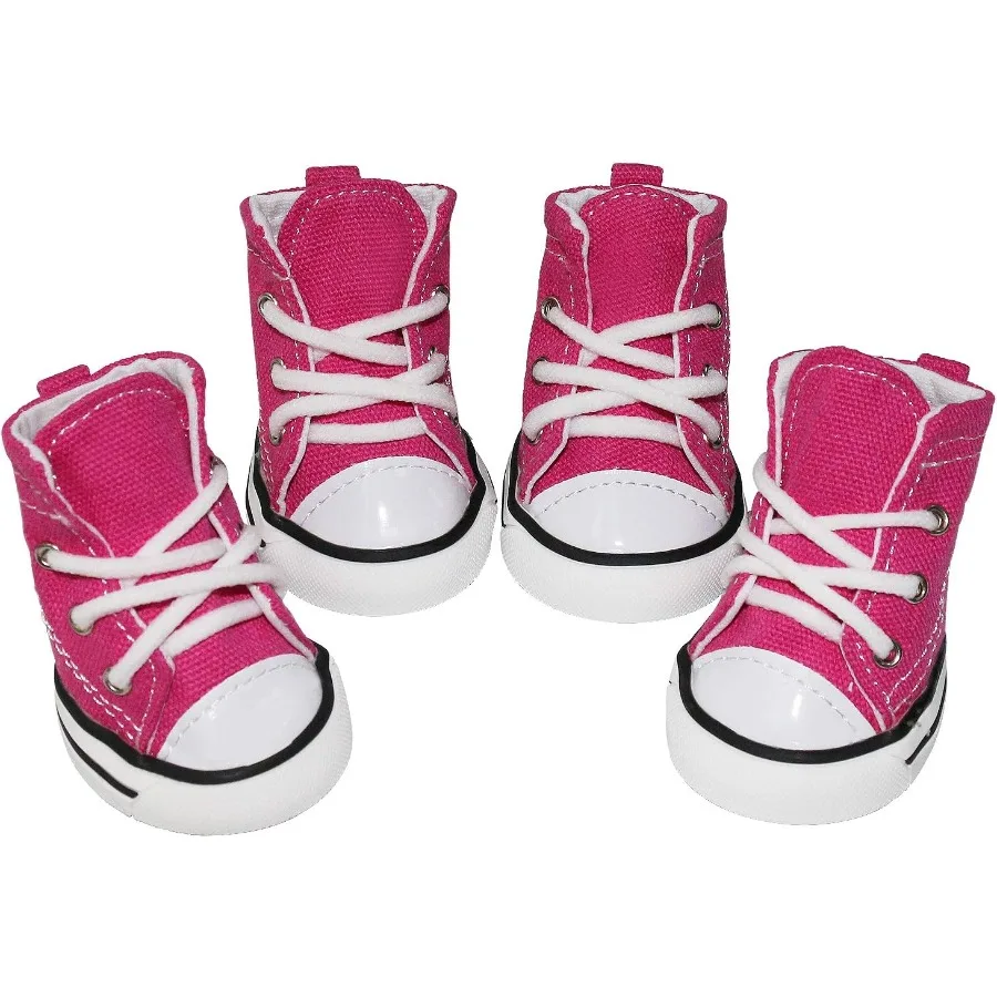 4개입 애완견 강아지 캔버스 스포츠 신발 스니커 부츠 야외용 미끄럼 방지 캐주얼 워킹 신발 편안한 착용감과 내구성