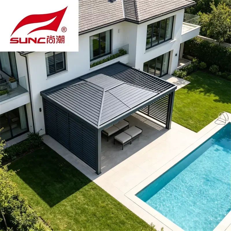 for Luxury Modern Aluminum Pergola with Matte Black Frame Integrated LED Ceiling Lights Weatherproof Flat Roof Pavilion