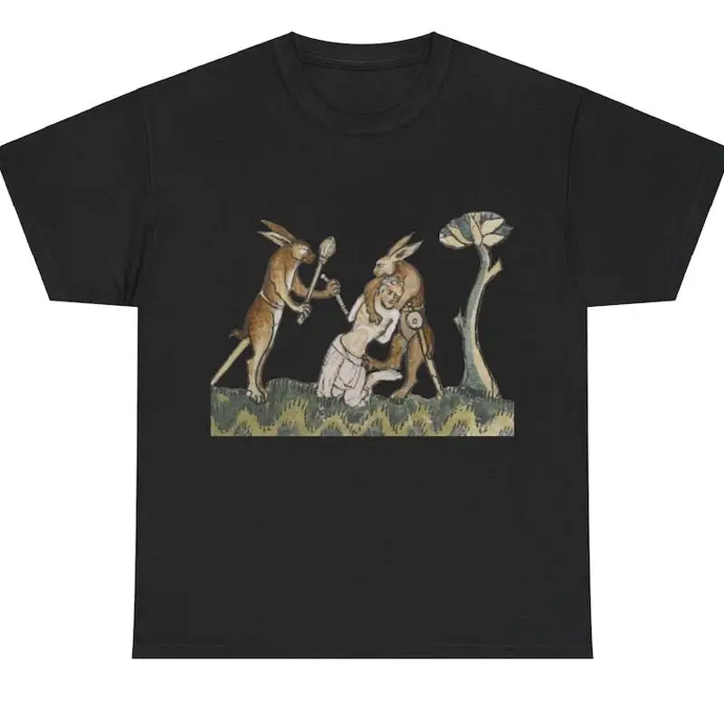 Medieval Rabbit Captures Man Dark Colors Medieval Manuscript T-Shirt