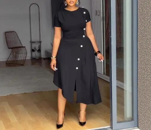 

Womens Dresses 2025 Summer New Elegant Commuting Round Neck Button Decor Irregular Slit Hem Pleated Casual Short Sleeve Dress
