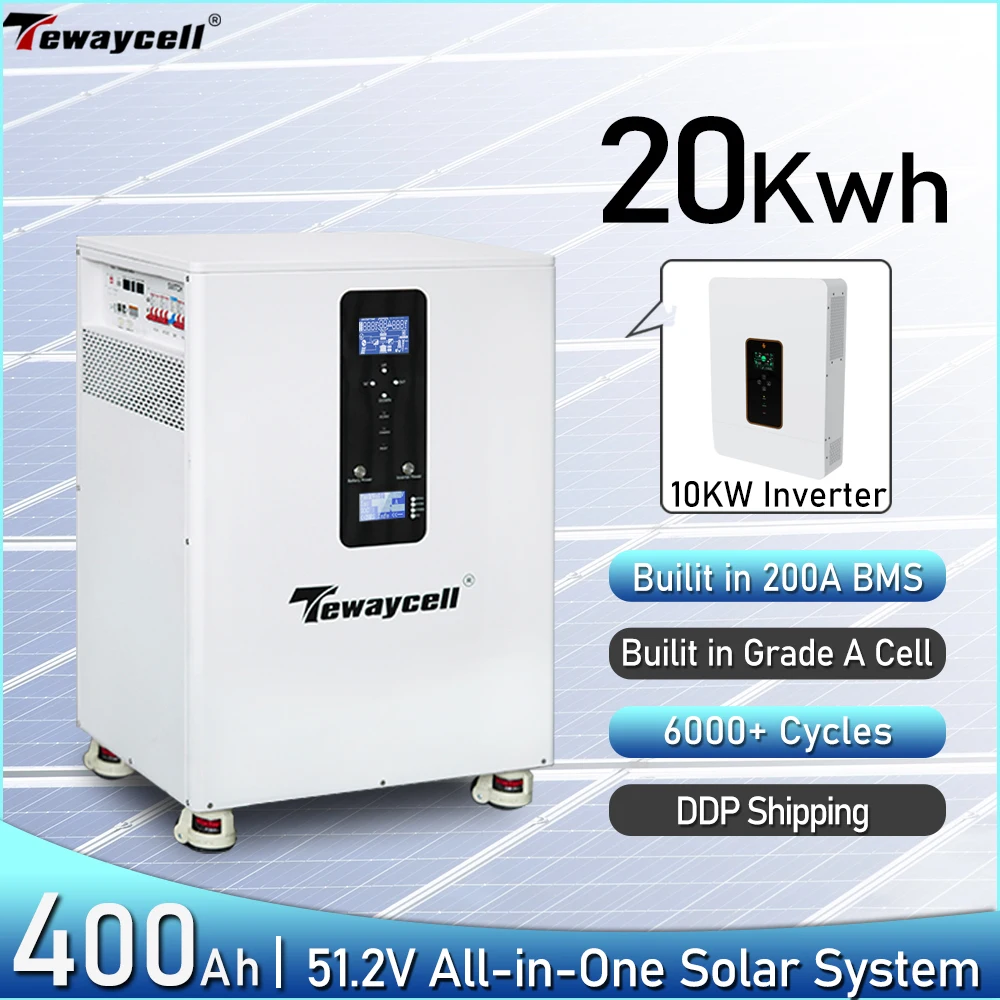 Tewaycell 20KWh All in One LiFePO4 Battery 10KWh 15KWh 48V 51.2V Built-in 10KW Inverter AC230V Home Solar System ESS NO Tax