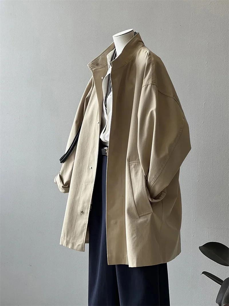 Workwear Stand up Collar Trench Coat for Women 2025 Spring And Autumn New Korean Version Loose Medium Long Thin Textured Coat