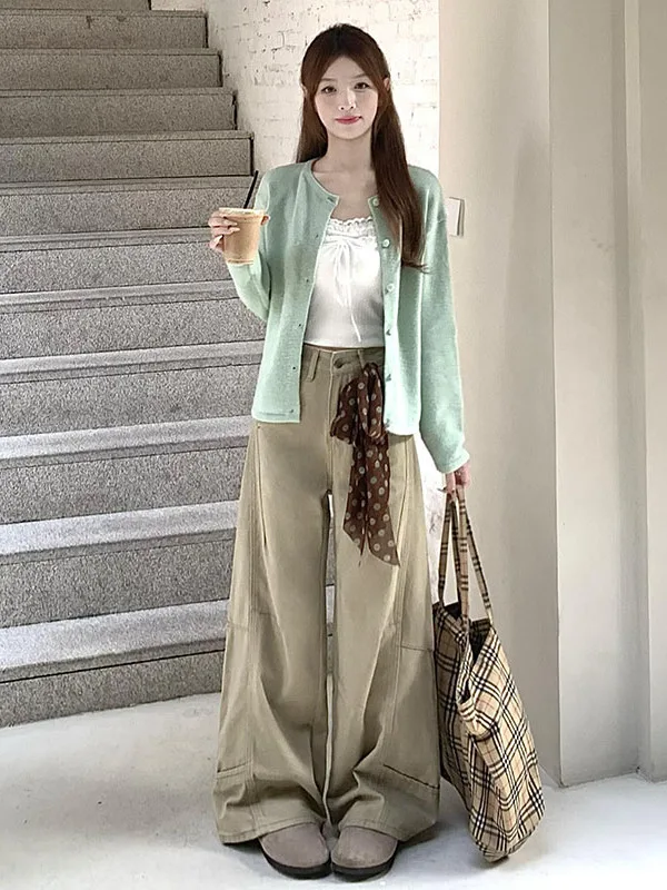 

Американские женские джинсы-брюки с высокой талией, свободного прямого кроя, цвета хаки, для работы, осенние, длинные