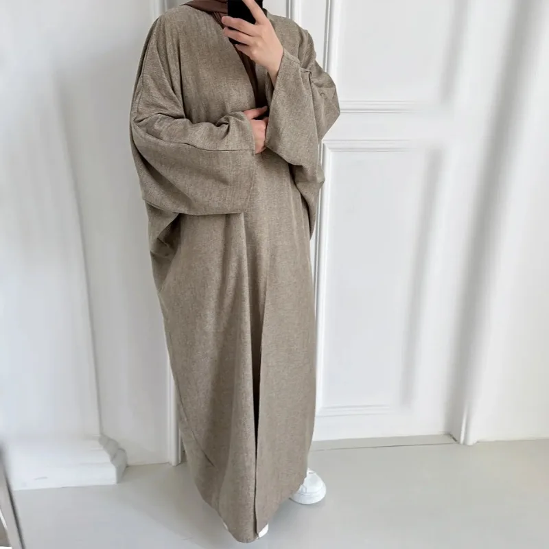 Plain Casual Linen Abaya Kimono Muslim Outwear Open Abayas for Women Dubai Turkey Hijab Dress Islam Outfit Ramadan Eid Kaftan