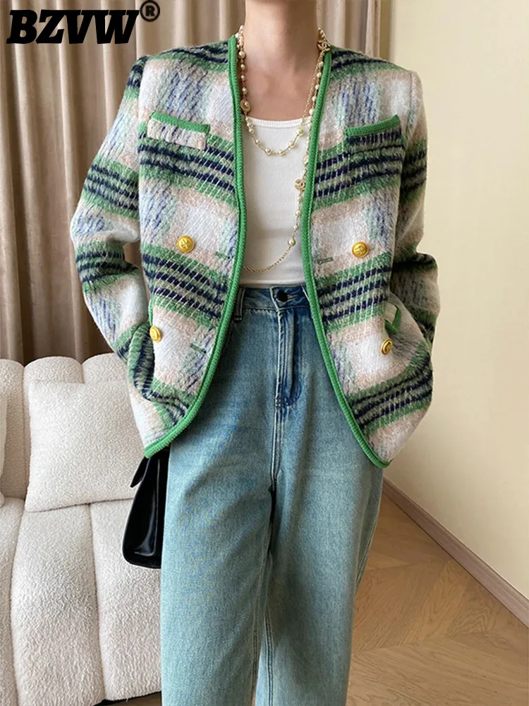 

Женское офисное пальто BZVW с V-образным вырезом, двубортная клетчатая куртка контрастных цветов в стиле ретро, Новинка осени 2024, женская одежда 25A8611