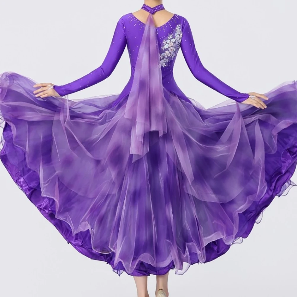 Purple Waltz Ballroom Long Sleeve Performance Rhinestone White Elegant Strap Decal Elegant Performance Dress Competition