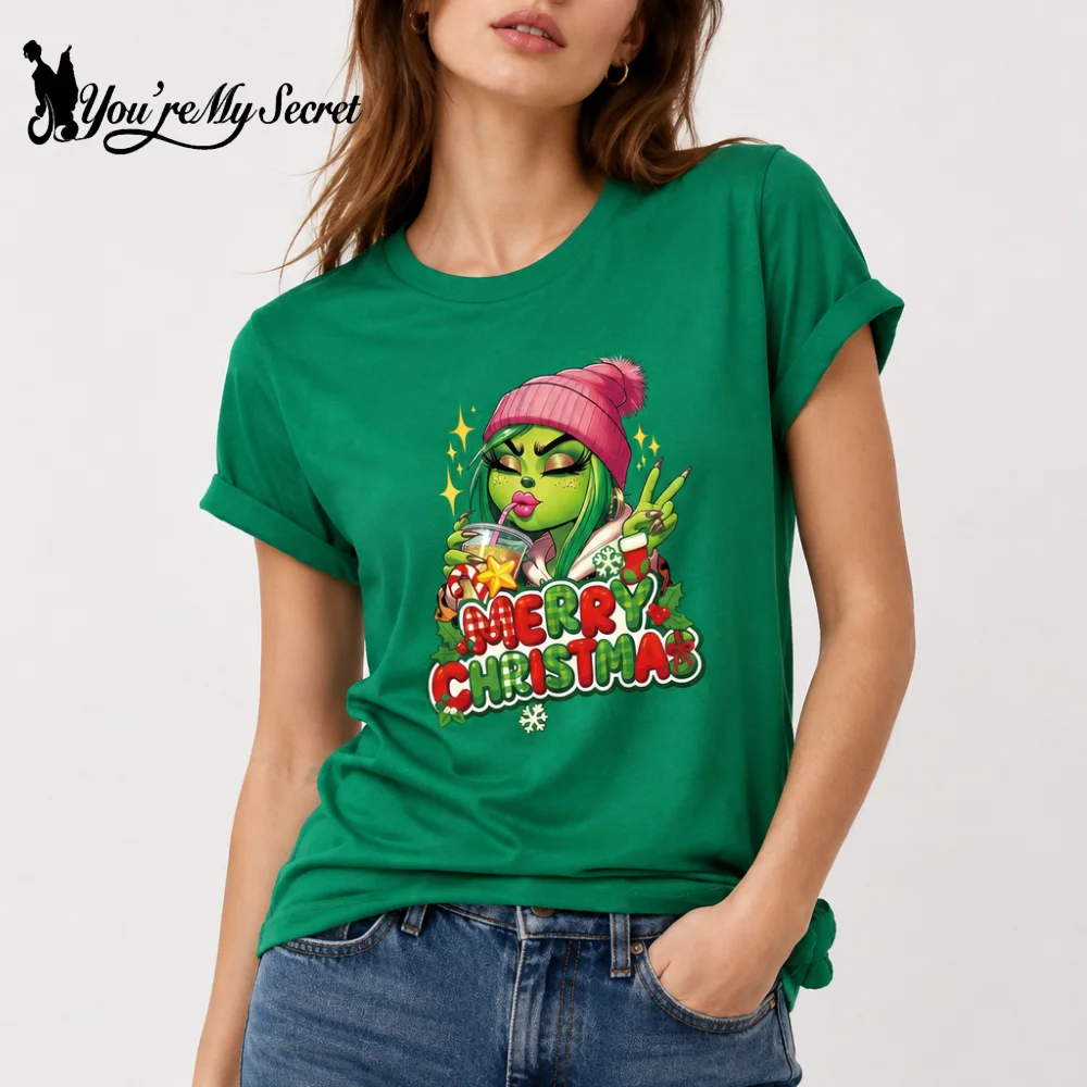 Women Christmas Graphic T-Shirt Pink Beanie Girl Print Short Sleeve Tees Merry Christmas Casual Green Tops Holiday Costumes