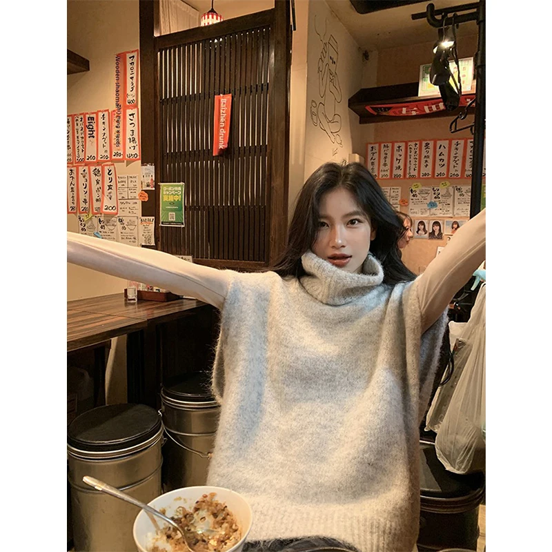 

Turtleneck Sweater Vest Women Fashion Streetwear Knitted Pullovers Waistcoat Korean Short Sleeve Knitwears Fall Winter Jumpers