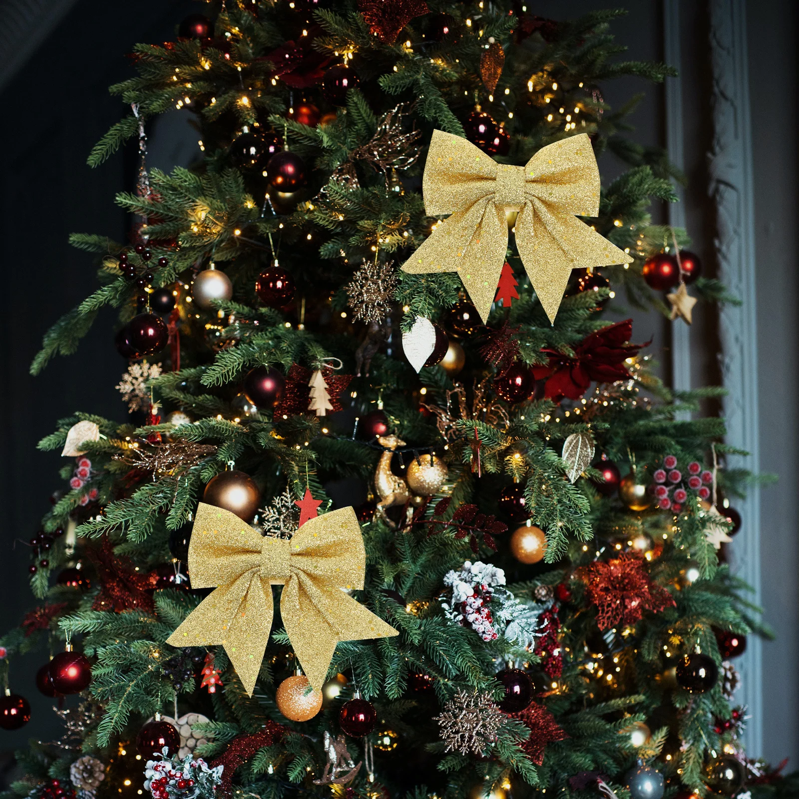 

2Pcs Christmas Bow Decoration 14cm Small Sequin Glitter Bows Ornaments for Xmas Tree Party Favors Garland DIY Reusable