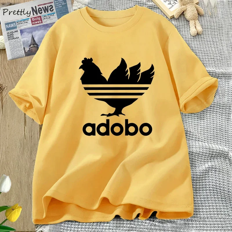 Camiseta divertida de pollo Adobo para mujer, Camiseta de algodón de manga corta con estampado de Adobo de filigrana, ropa de calle Harajuku