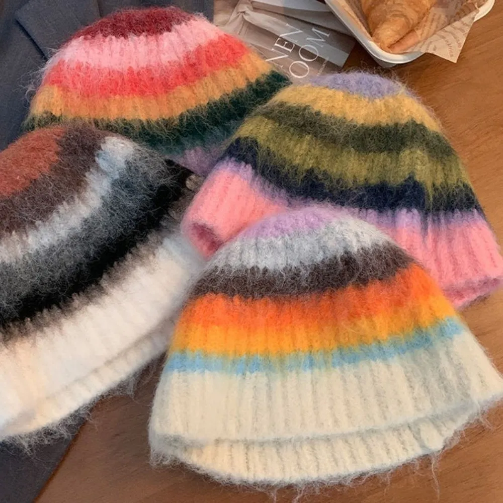 New Colorful Striped Knitted Hat Soft Cotton Ear Protection Woolen Bucket Cap Stretchy Breathable Knitted Bonnet Hat Winter