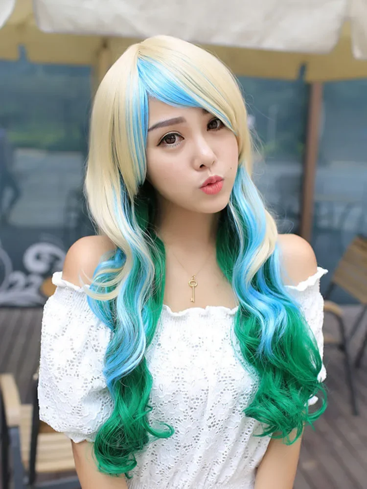 Women Cosplay Sweet Lolita New Gradient Cute Curly Hair Harajuku Mix Wigs Anime