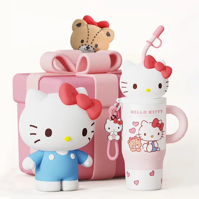 1pc Cartoon Stainless Steel Insulated Cup, 580ml Hello Kitty Straw Cup with Portable Handle, for Car, Office & Outdoor Use