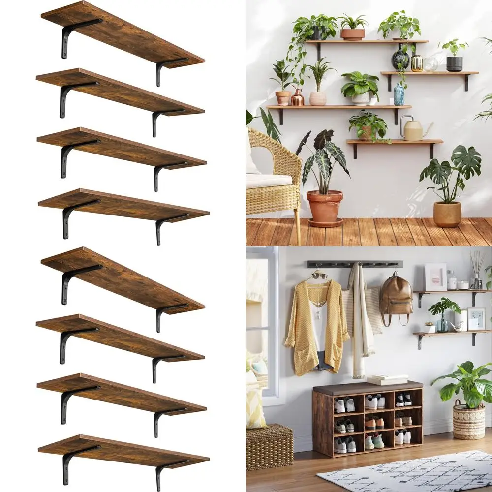 

Set of 4 - 31.5 Large Wall-Mounted Floating Shelves with Metal Brackets for Home Storage in Rustic Brown