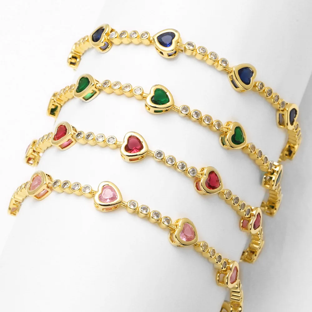 FLOLA, pulseras de corazón con cadena de cuentas de cristal transparente para mujer, pulseras llamativas chapadas en oro, regalos de joyería CZ brtj62