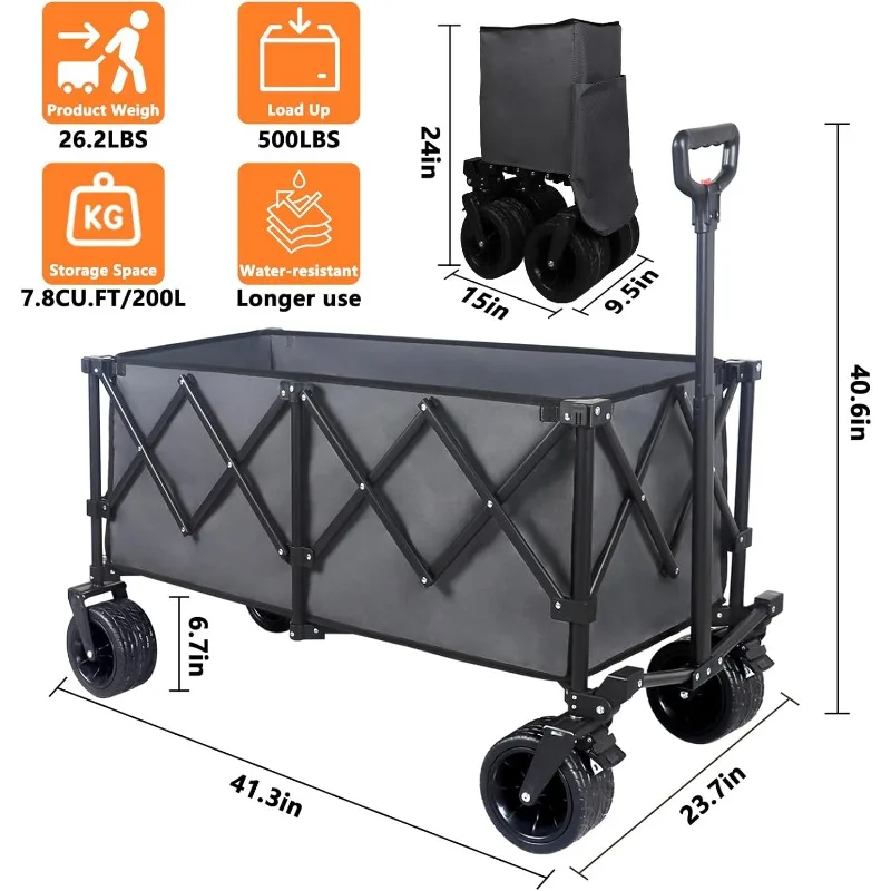 220L Collapsible Foldable Wagon with 500lbs Weight Capacity, Utility Wagons Carts Heavy Duty,with Big All-Terrain Beach Wheels