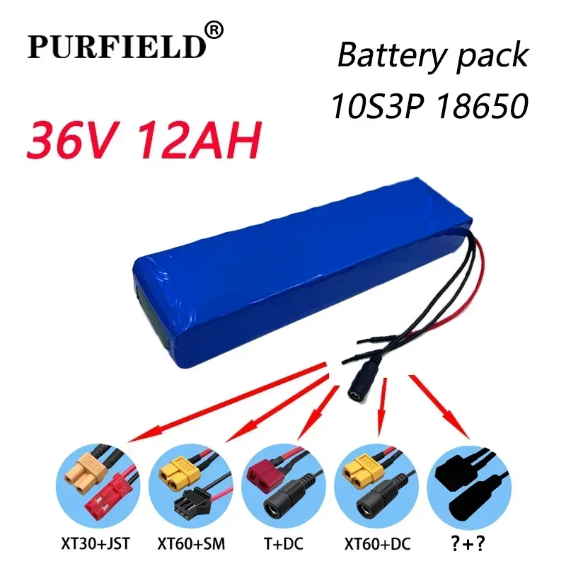 PURFIELD 36V 10S3P 18650 Lithium Battery Pack 12AH 600W 20A BMS T XT30 XT60 DC Plug for Xiaomi Mijia M365 Electric Bicycle Scoot