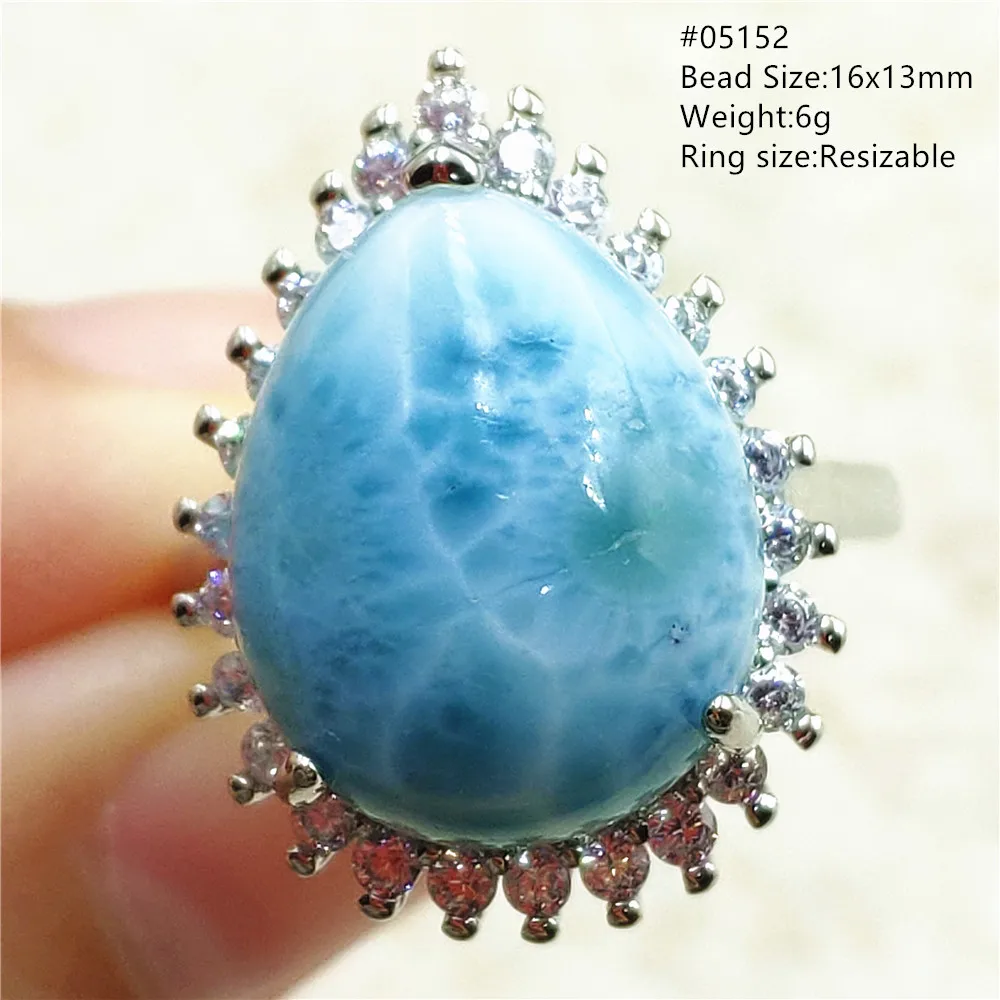 

Natural Blue Larimar Adjustable Ring Oval Jewelry Larimar Bead Women Men Water Pattern 925 Sterling Silver AAAAAA