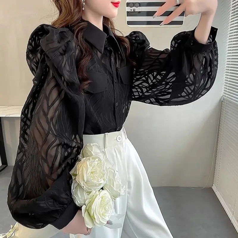 

Spring Autumn Women's Korean Fashion Sexy See Through Commute Shirt Office Lady Elegant Chic Black Blouse Long Sleeve Loose Tops