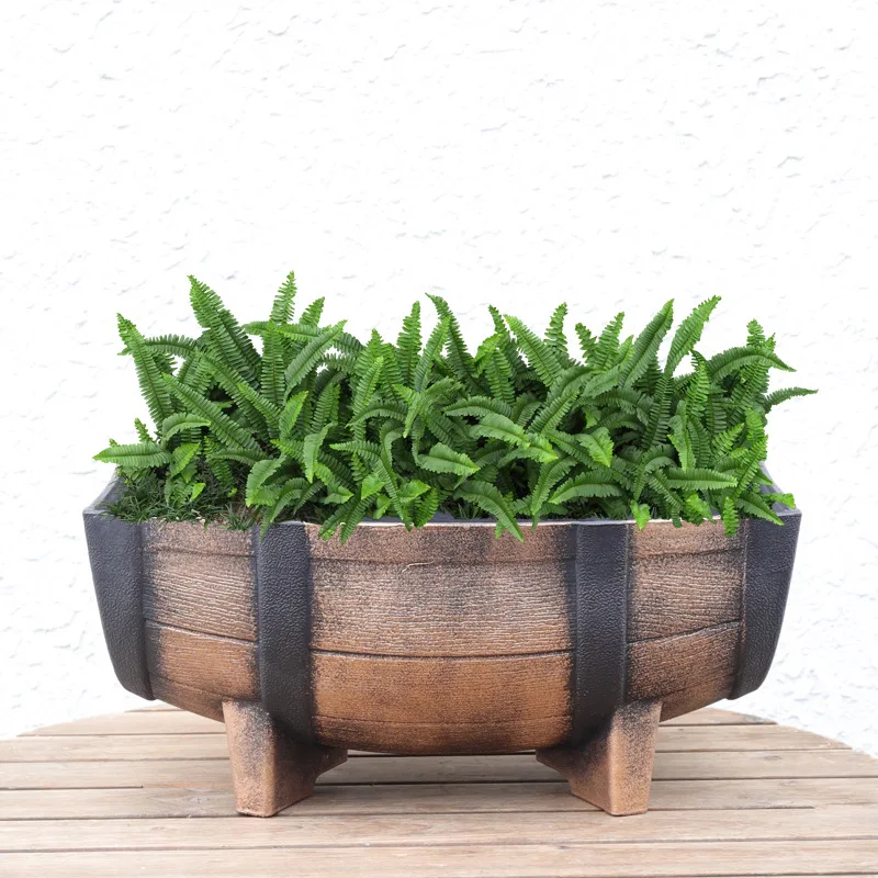 Creative Imitation Wood Pot Gardening Half Barrel Flower Planter Wood-Look Half Barrel Planter with Drainage Holes Flower Pot